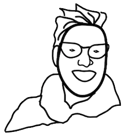 Black and white illustration of a woman with short hair wearing glasses and a cowl-neck sweater. She is smiling.