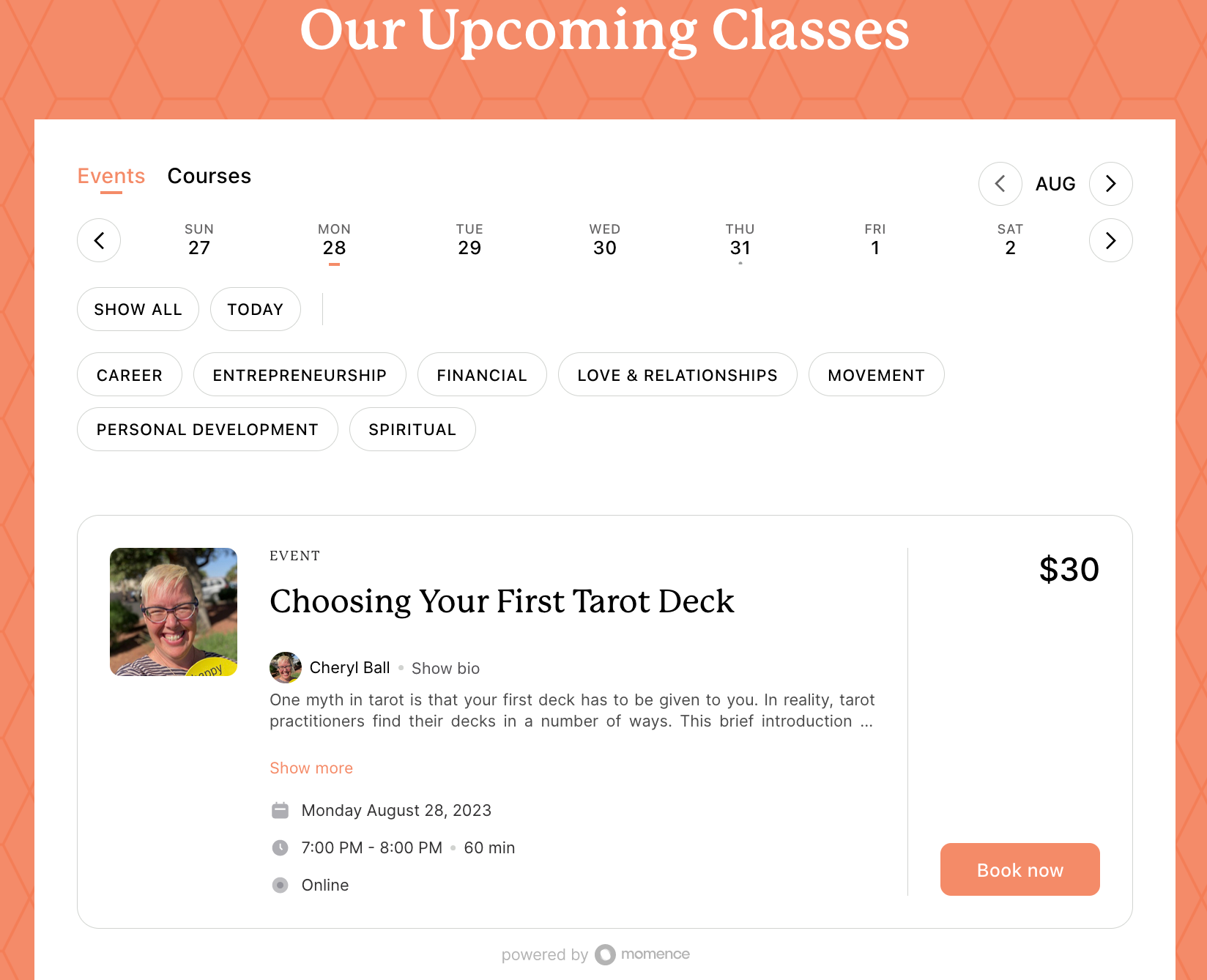 A course listing called Choosing Your First Tarot Deck in the SheHive's calendar event system.