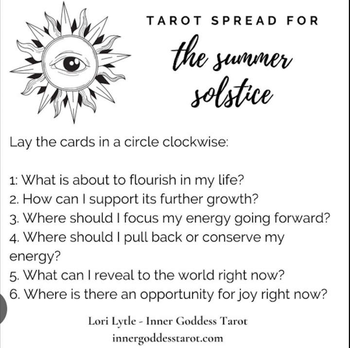 Tarot spread for summer solstice with 6 card options listed