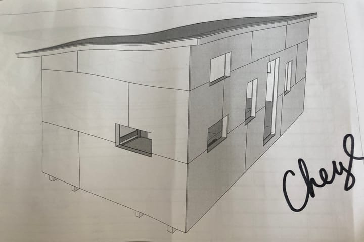 Perspective drawing of a tiny house with a shed roof and a front door flanked by four windows.